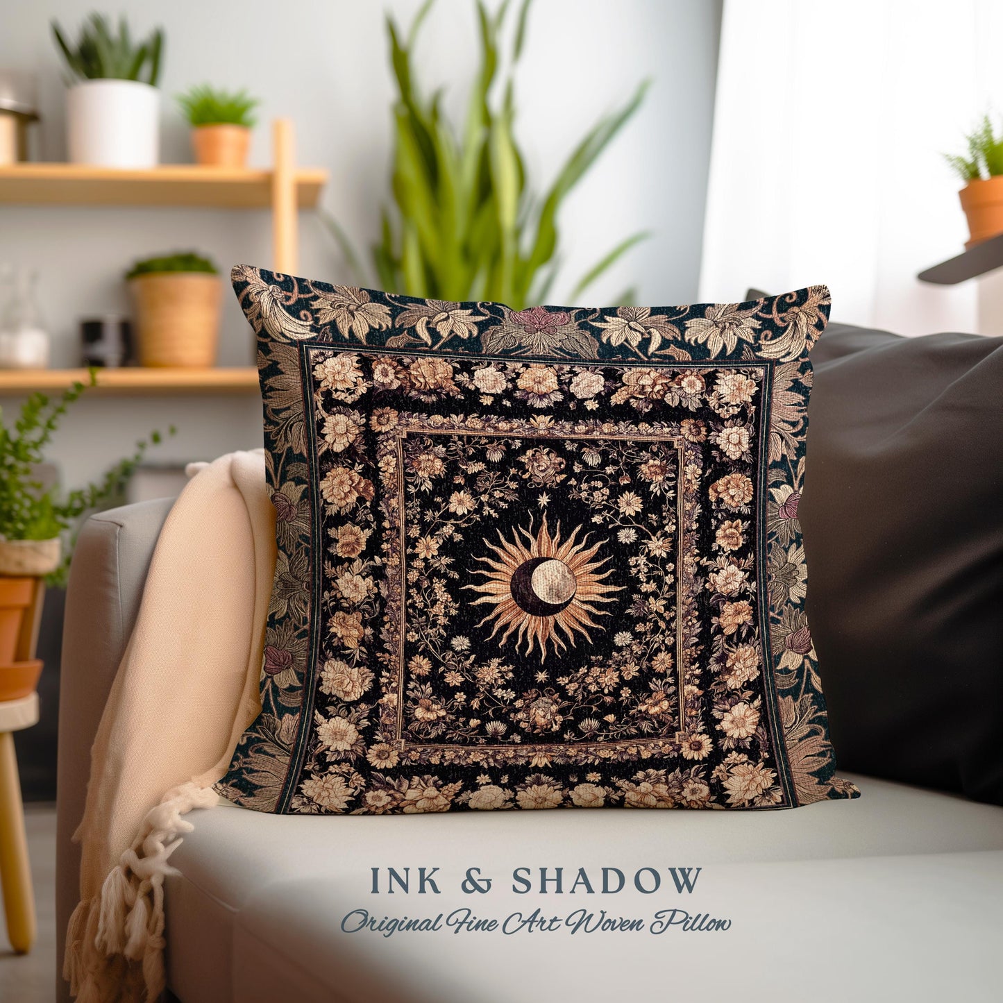 Cosmic Elegance Celestial Pillow | Dark Cottagecore Moon and Sun Ethereal Divine Aesthetic Witchy Bohemian Eclectic Spiritual Woven Cushion