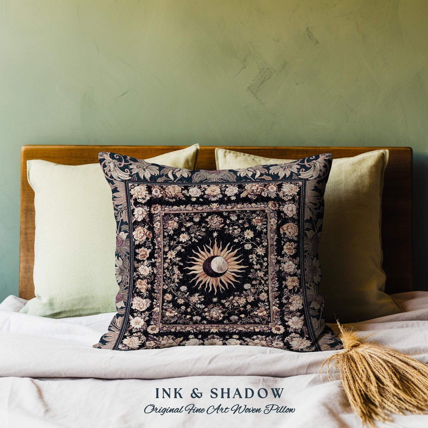 Cosmic Elegance Celestial Pillow | Dark Cottagecore Moon and Sun Ethereal Divine Aesthetic Witchy Bohemian Eclectic Spiritual Woven Cushion