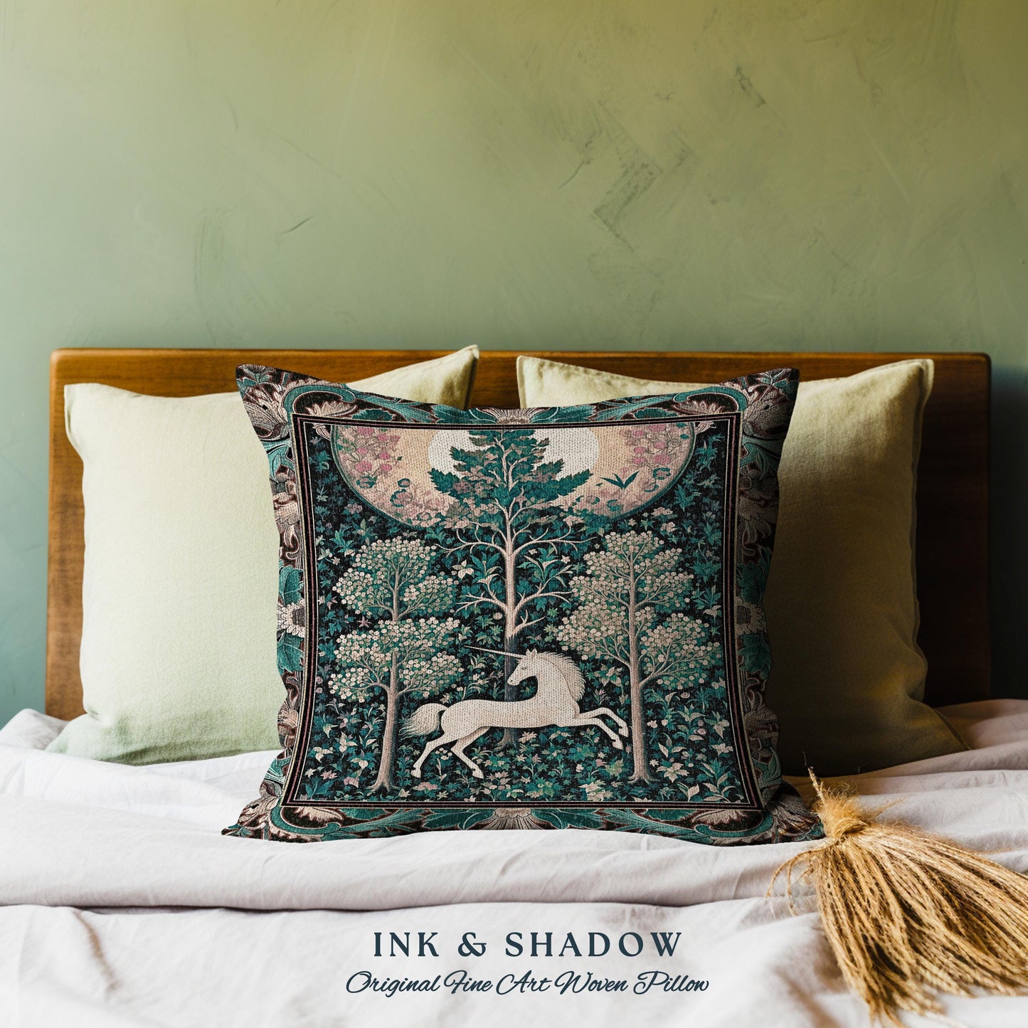 Moonlit Forest Mystical Unicorn Tapestry Pillow Medieval Fairycore Decor | Renaissance Whimsical Gothic Aesthetic Woven Cushion Forestcore |