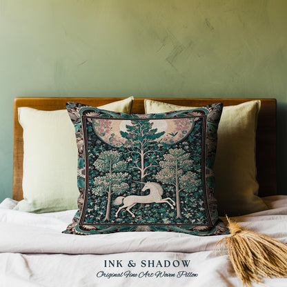 Moonlit Forest Mystical Unicorn Tapestry Pillow Medieval Fairycore Decor | Renaissance Whimsical Gothic Aesthetic Woven Cushion Forestcore |