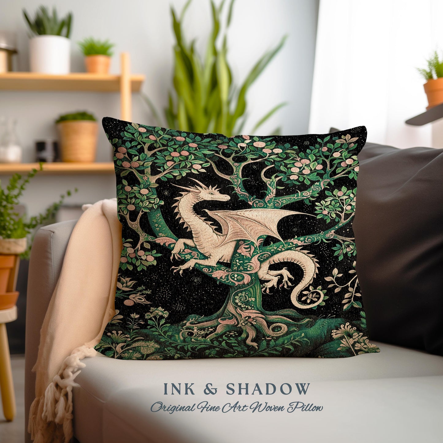 Enchanted Forest Dragon Tapestry Pillow Dark Woodland Gothic Decor | Mystical Cottagecore Aesthetic Vintage Medieval Renaissance Cushion |