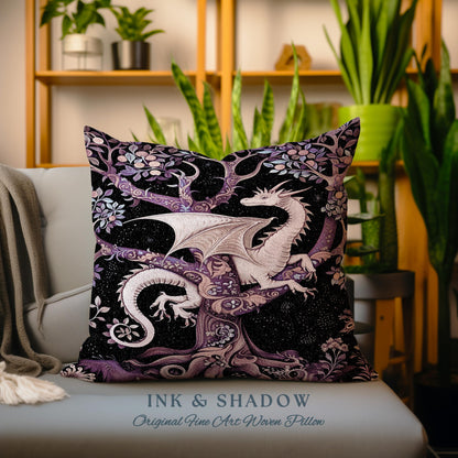 Bohemian Mystic Dragon Tapestry Cushion Whimsical Celestial Night Dark Nature Art | Boho Fantasy Decor Eclectic Purple Mystic Forest Pillow