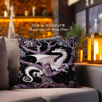 Bohemian Mystic Dragon Tapestry Cushion Whimsical Celestial Night Dark Nature Art | Boho Fantasy Decor Eclectic Purple Mystic Forest Pillow