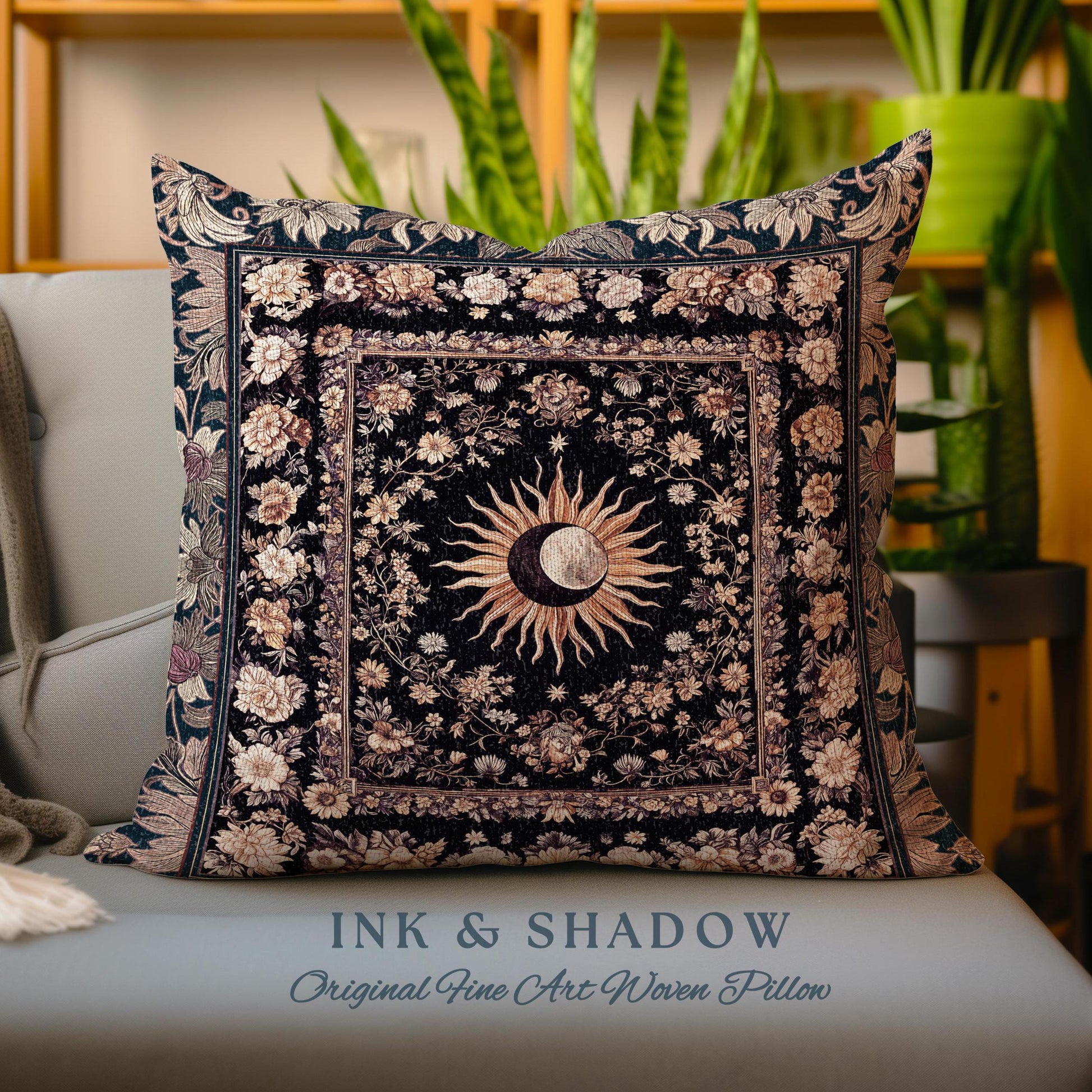 Cosmic Elegance Celestial Pillow | Dark Cottagecore Moon and Sun Ethereal Divine Aesthetic Witchy Bohemian Eclectic Spiritual Woven Cushion