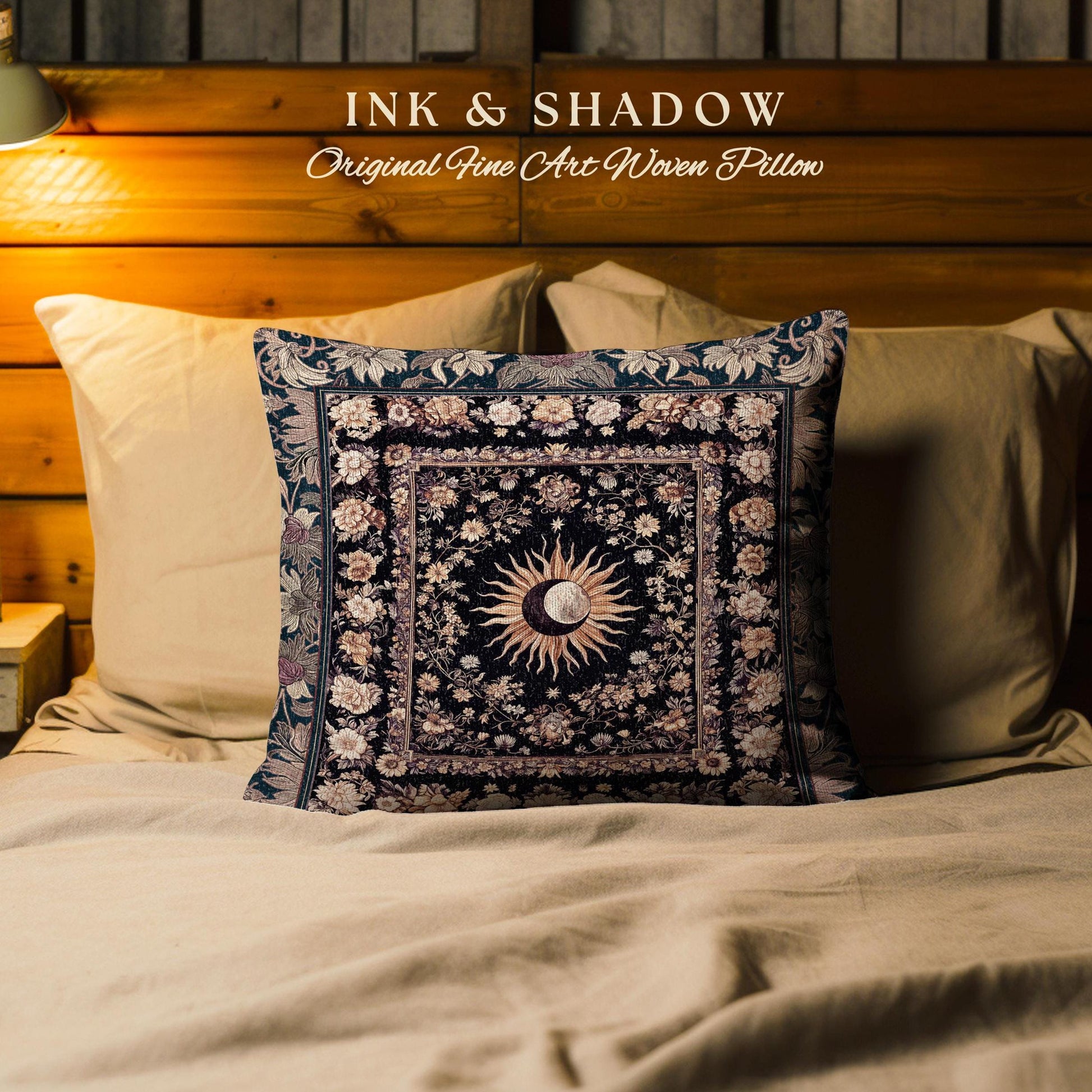 Cosmic Elegance Celestial Pillow | Dark Cottagecore Moon and Sun Ethereal Divine Aesthetic Witchy Bohemian Eclectic Spiritual Woven Cushion