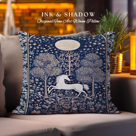 Medieval Fairytale Unicorn Tapestry Pillow | Gothic Whimsical Eclectic Fairycore Woven Cushion Victorian Gothic Dark Floral Decor Baroque |