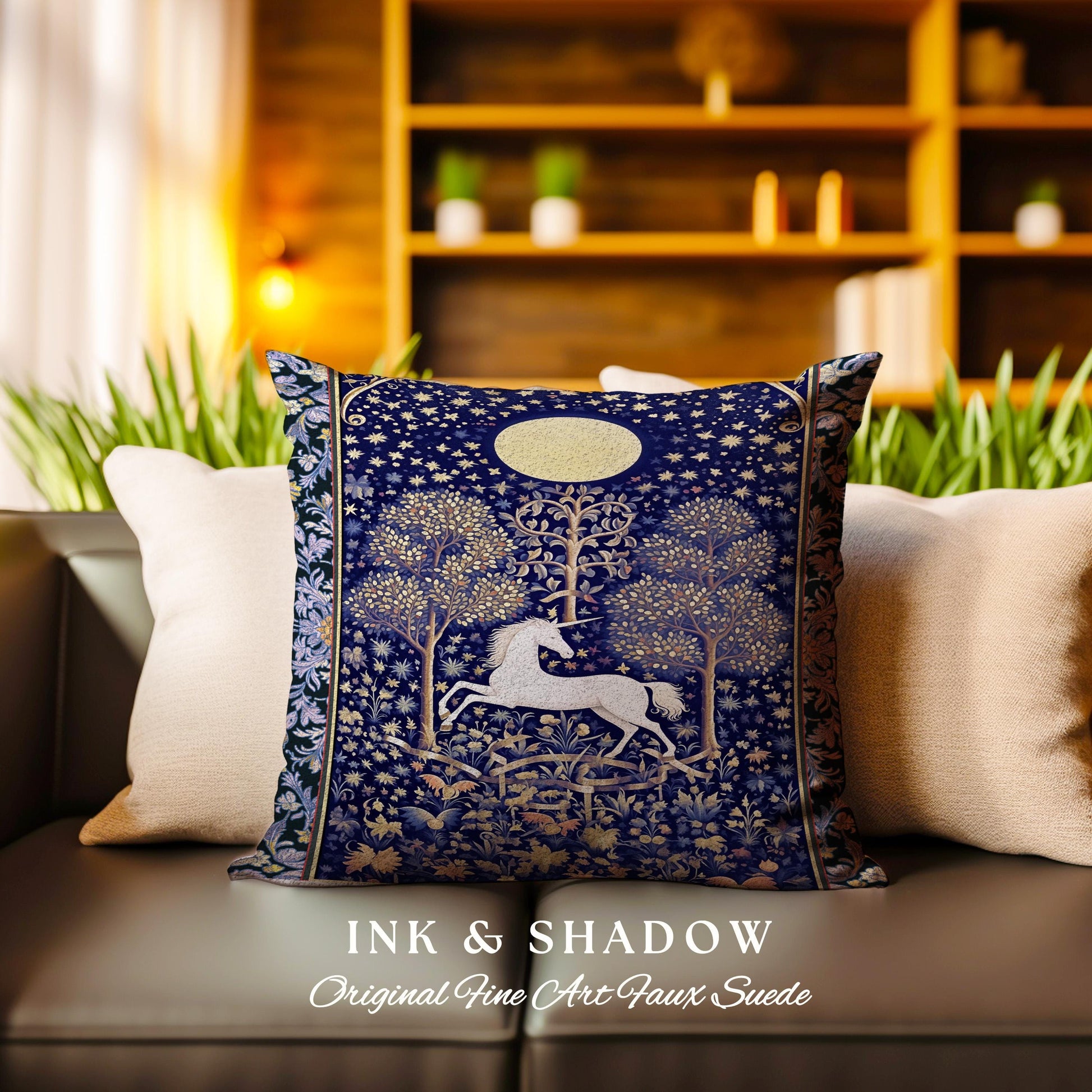Medieval Fairytale Unicorn Tapestry Pillow | Gothic Whimsical Eclectic Fairycore Woven Cushion Victorian Gothic Dark Floral Decor Baroque |