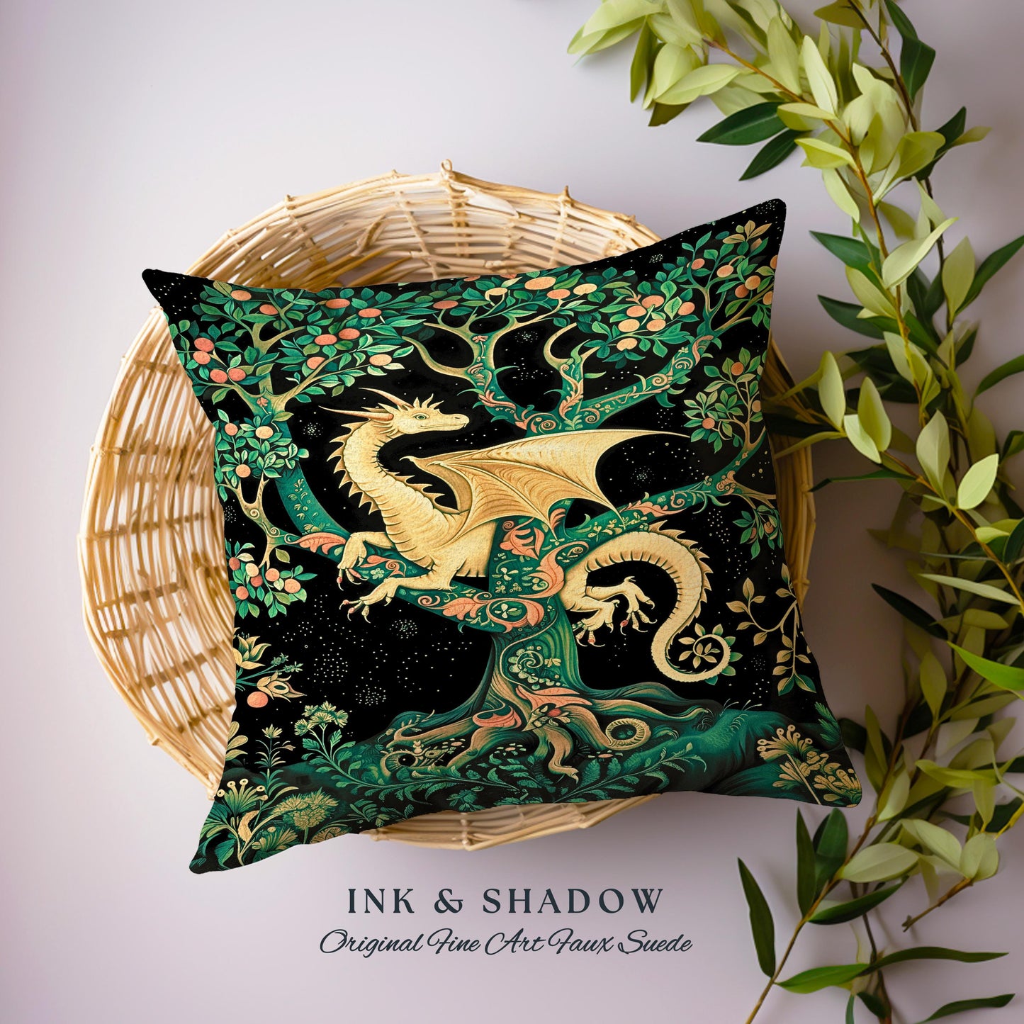 Enchanted Forest Dragon Tapestry Pillow Dark Woodland Gothic Decor | Mystical Cottagecore Aesthetic Vintage Medieval Renaissance Cushion |