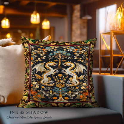 Rococo Dragon Pillow Ornate Baroque Art Nouveau Inspired Tapestry Cushion Folklore Decor | Antique Aesthetic Maximalist Fantasy Home Decor