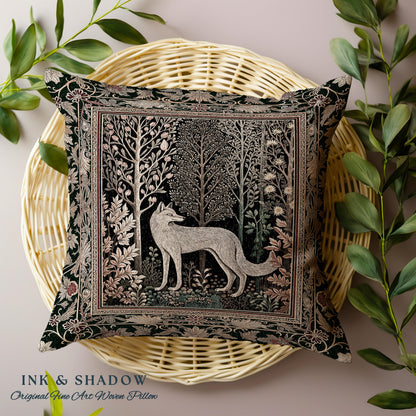 Cozy Hygge Woodland Wolf Woven Cushion | Elegant Cottagecore Forest Bohemian Pillow Homey Aesthetic Magical Nature Fairytale Inspired Bed