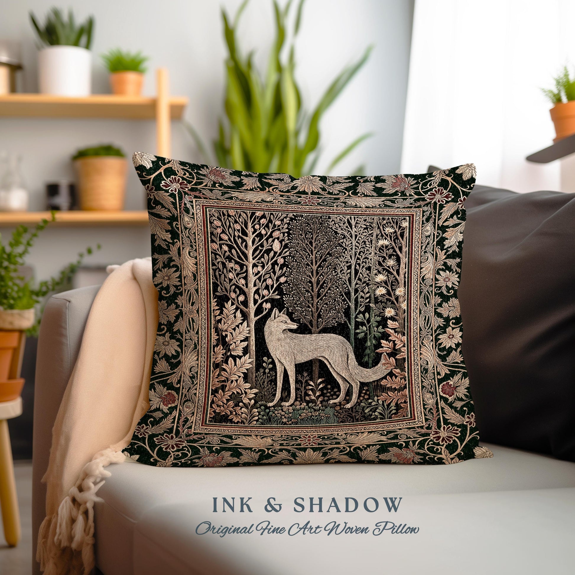 Cozy Hygge Woodland Wolf Woven Cushion | Elegant Cottagecore Forest Bohemian Pillow Homey Aesthetic Magical Nature Fairytale Inspired Bed |