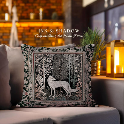 Cozy Hygge Woodland Wolf Woven Cushion | Elegant Cottagecore Forest Bohemian Pillow Homey Aesthetic Magical Nature Fairytale Inspired Bed |