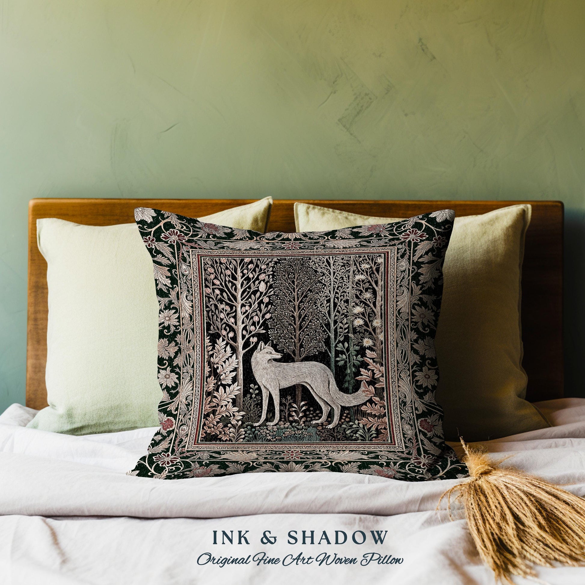 Cozy Hygge Woodland Wolf Woven Cushion | Elegant Cottagecore Forest Bohemian Pillow Homey Aesthetic Magical Nature Fairytale Inspired Bed |