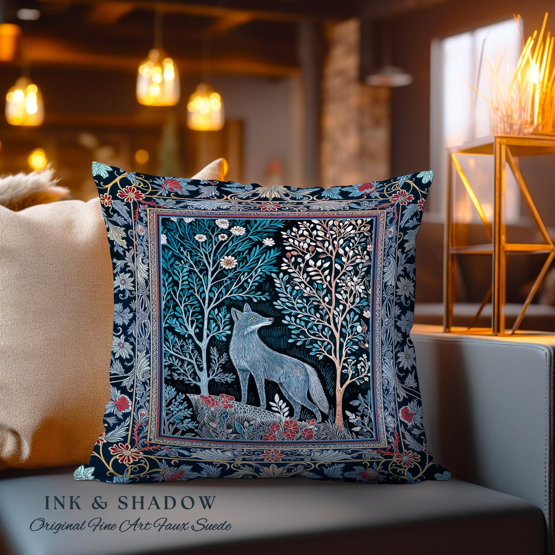 Rustic Storybook Cabin Pillow | Bohemian Hygge Aesthetic Scandinavian Woodland Cottagecore Wolf Home Decor Whimsical Nature Cushion Indie |