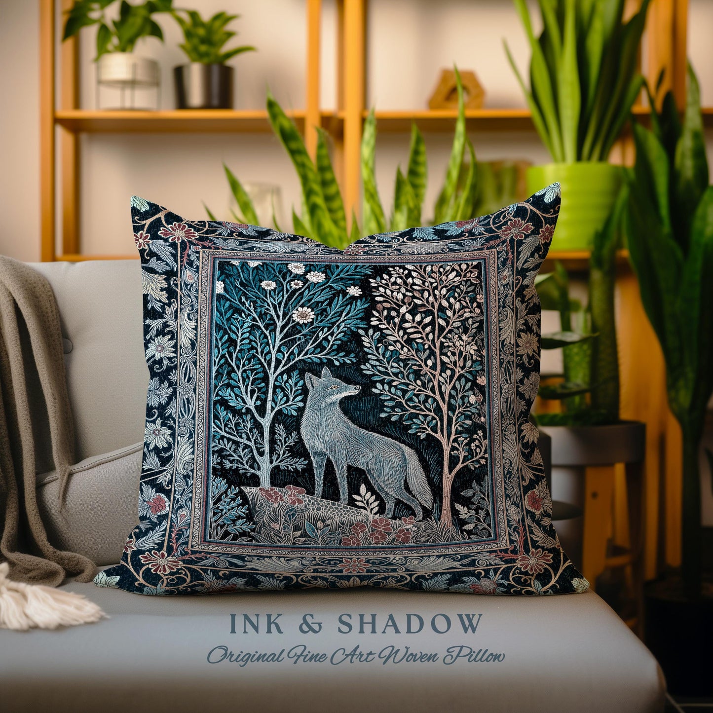 Rustic Storybook Cabin Pillow | Bohemian Hygge Aesthetic Scandinavian Woodland Cottagecore Wolf Home Decor Whimsical Nature Cushion Indie |