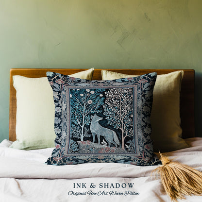 Rustic Storybook Cabin Pillow | Bohemian Hygge Aesthetic Scandinavian Woodland Cottagecore Wolf Home Decor Whimsical Nature Cushion Indie |