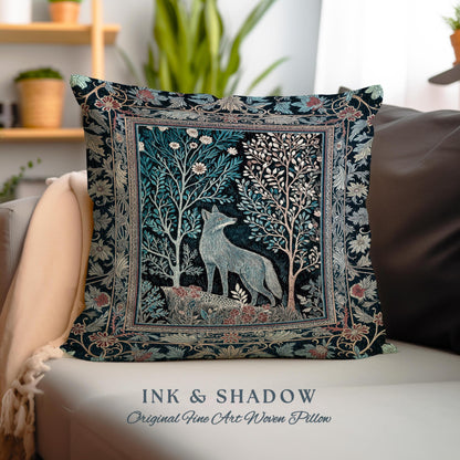 Rustic Storybook Cabin Pillow | Bohemian Hygge Aesthetic Scandinavian Woodland Cottagecore Wolf Home Decor Whimsical Nature Cushion Indie |