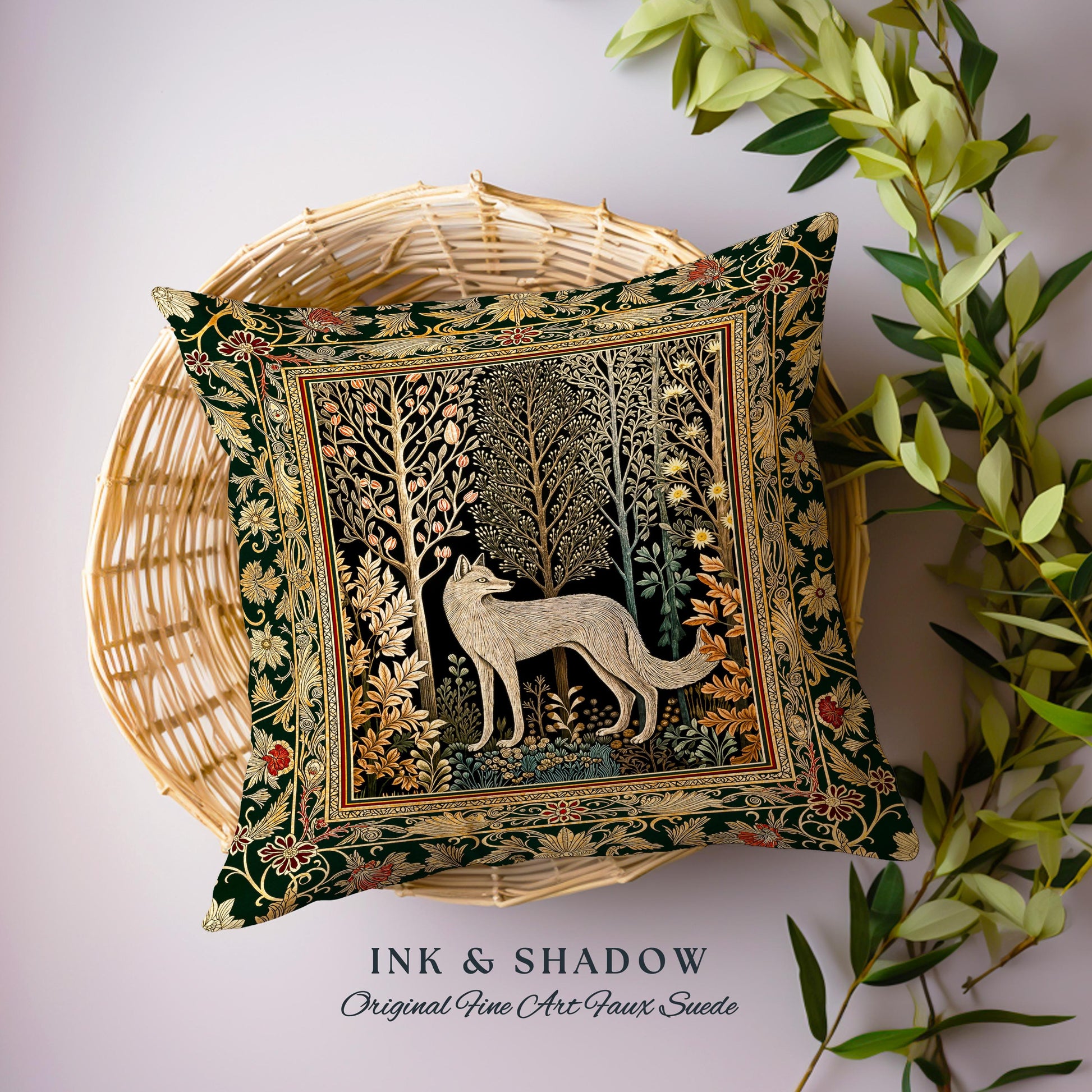 Cozy Hygge Woodland Wolf Woven Cushion | Elegant Cottagecore Forest Bohemian Pillow Homey Aesthetic Magical Nature Fairytale Inspired Bed