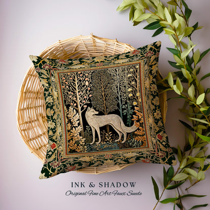 Cozy Hygge Woodland Wolf Woven Cushion | Elegant Cottagecore Forest Bohemian Pillow Homey Aesthetic Magical Nature Fairytale Inspired Bed