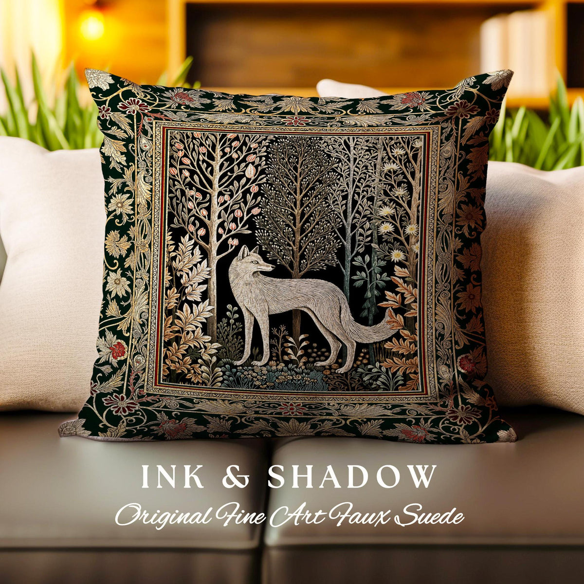 Cozy Hygge Woodland Wolf Woven Cushion | Elegant Cottagecore Forest Bohemian Pillow Homey Aesthetic Magical Nature Fairytale Inspired Bed