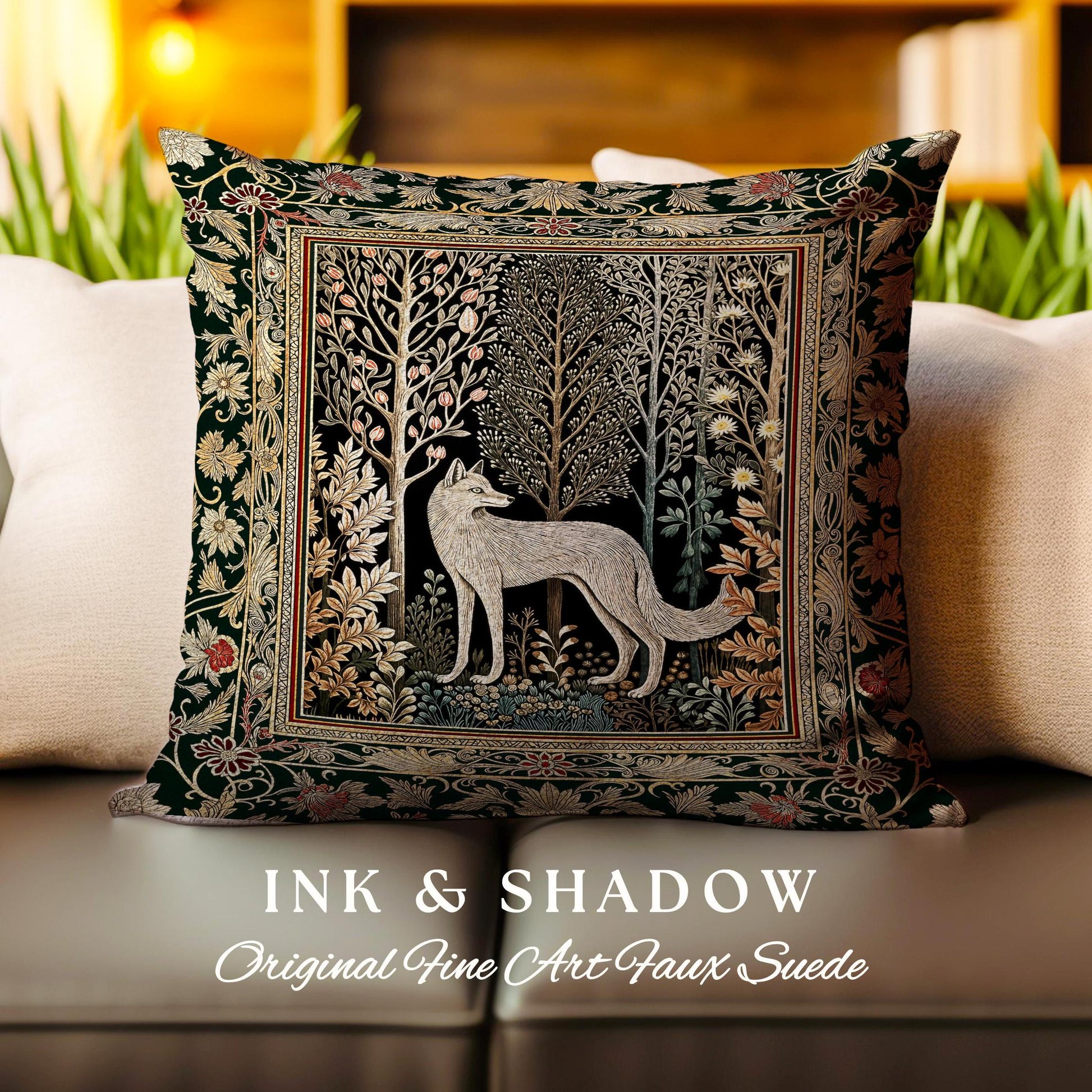 Cozy Hygge Woodland Wolf Woven Cushion | Elegant Cottagecore Forest Bohemian Pillow Homey Aesthetic Magical Nature Fairytale Inspired Bed