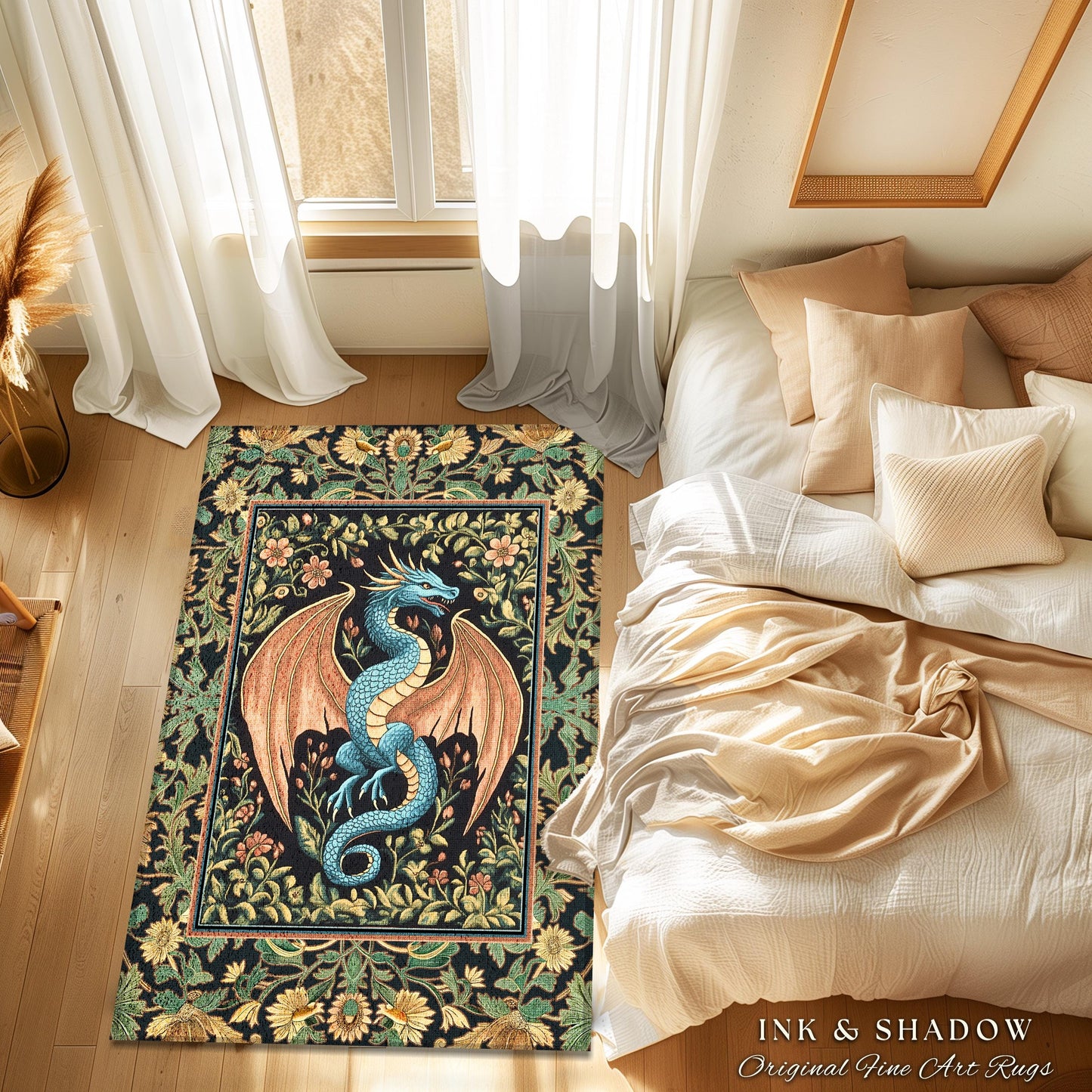 Rustic Dragon Medieval Area Rug | Ethereal Victorian Fantasy Dark Academia Maximalist Aesthetic Tapestry Moody Bedroom Witchy Gothic Accent