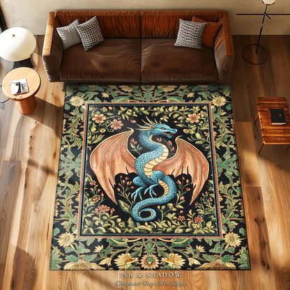 Rustic Dragon Medieval Area Rug | Ethereal Victorian Fantasy Dark Academia Maximalist Aesthetic Tapestry Moody Bedroom Witchy Gothic Accent