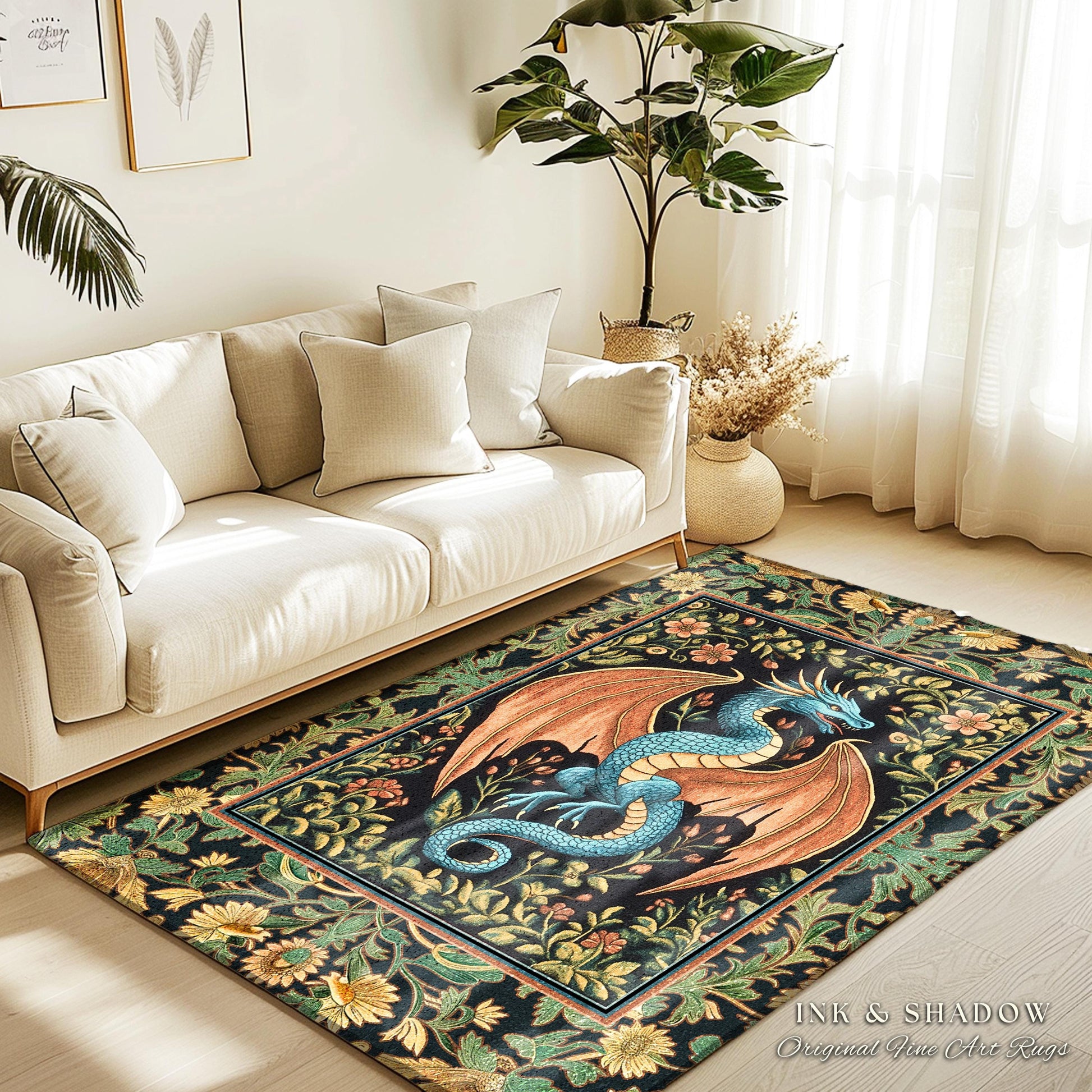 Rustic Dragon Medieval Area Rug | Ethereal Victorian Fantasy Dark Academia Maximalist Aesthetic Tapestry Moody Bedroom Witchy Gothic Accent