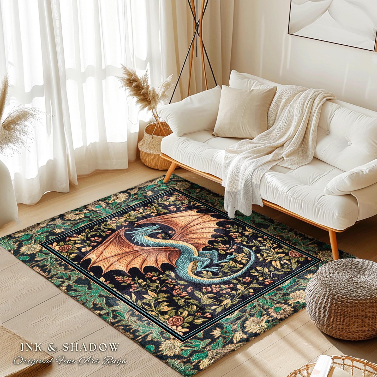 Fairycore Dragon Elegant Area Rug | Castlecore Fantasy Aesthetic Bedroom Middle Ages Medieval Storybook Home Decor Mythical Woodland Whimsy