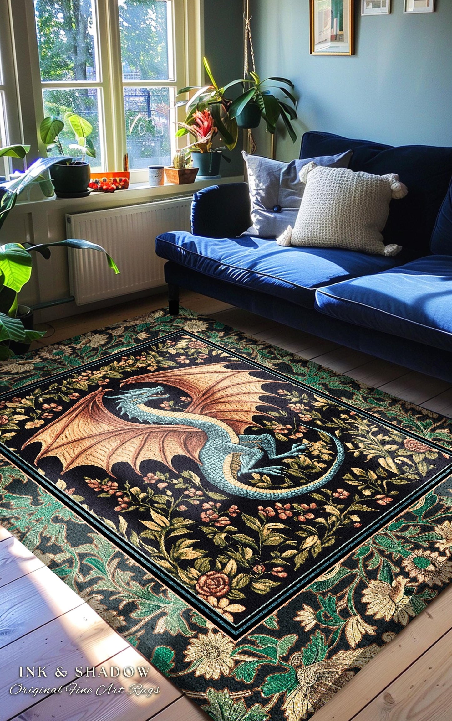 Fairycore Dragon Elegant Area Rug | Castlecore Fantasy Aesthetic Bedroom Middle Ages Medieval Storybook Home Decor Mythical Woodland Whimsy