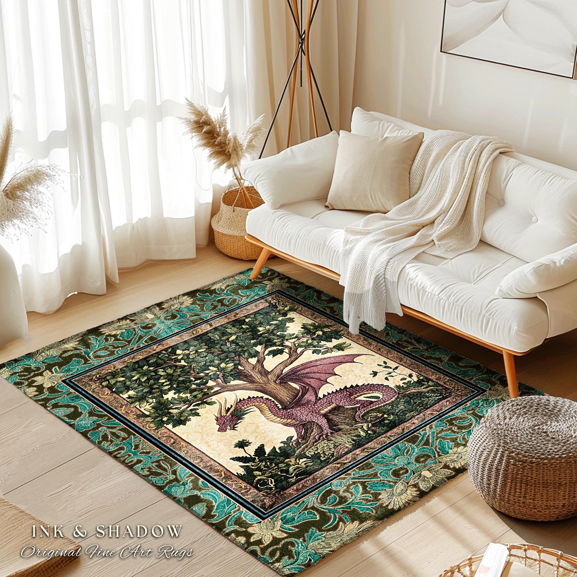 Rustic Bohemian Medieval Theme Rug | Tree of Life Bedroom Floor Accent Whimsical Medieval Dragon Rug Storybook Folklore Aesthetic Victorian