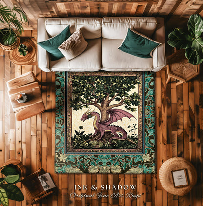 Rustic Bohemian Medieval Theme Rug | Tree of Life Bedroom Floor Accent Whimsical Medieval Dragon Rug Storybook Folklore Aesthetic Victorian