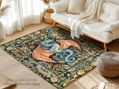 Rustic Dragon Medieval Area Rug | Ethereal Victorian Fantasy Dark Academia Maximalist Aesthetic Tapestry Moody Bedroom Witchy Gothic Accent