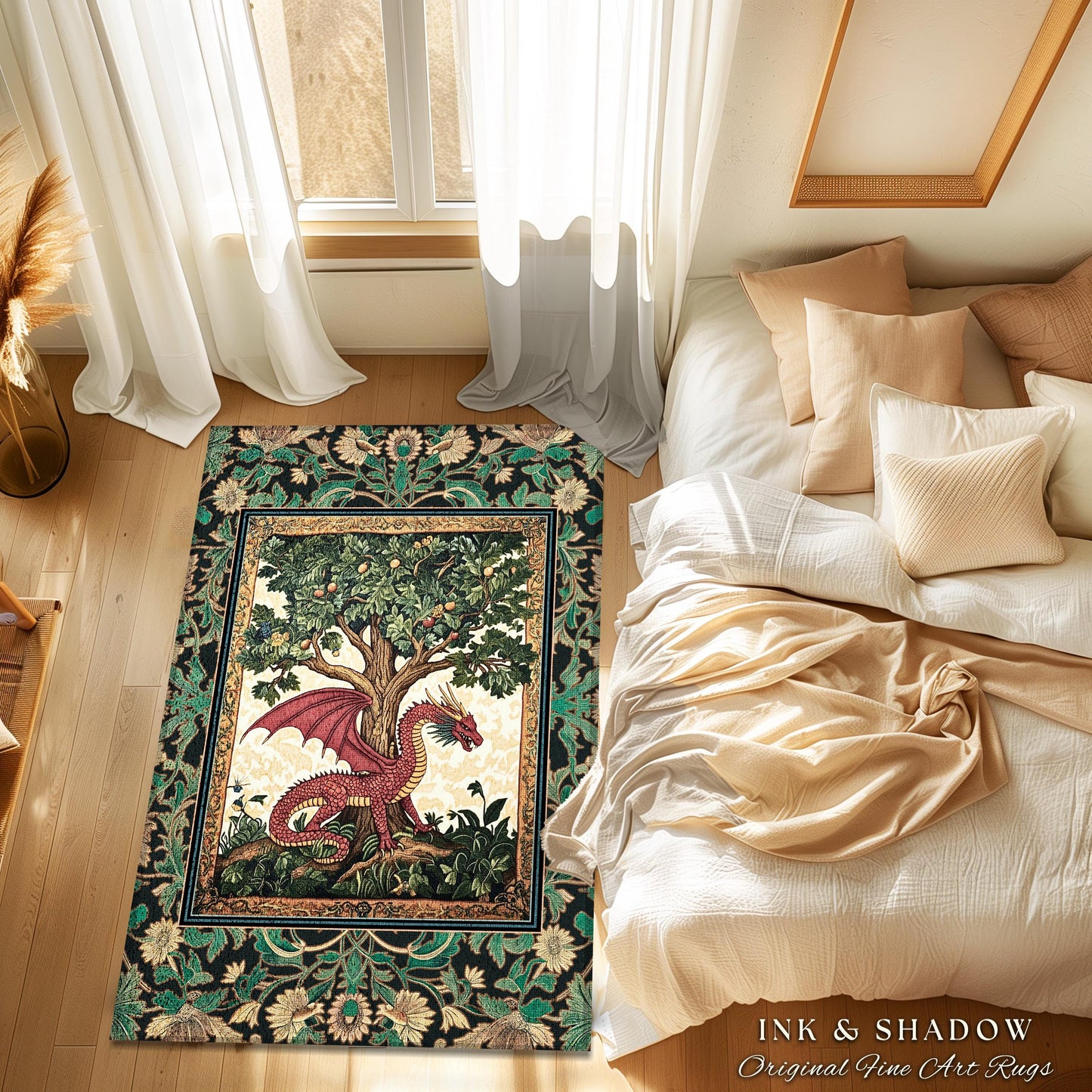 Reading Room Medieval Dragon Rug | Storybook Woodland Folklore Aesthetic Whimsical Princesscore Fairytale Accent Rug Tree of Life Victorian