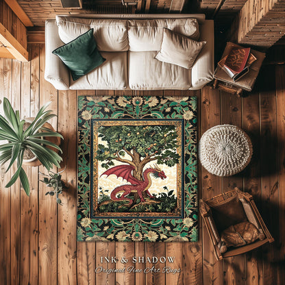 Reading Room Medieval Dragon Rug | Storybook Woodland Folklore Aesthetic Whimsical Princesscore Fairytale Accent Rug Tree of Life Victorian