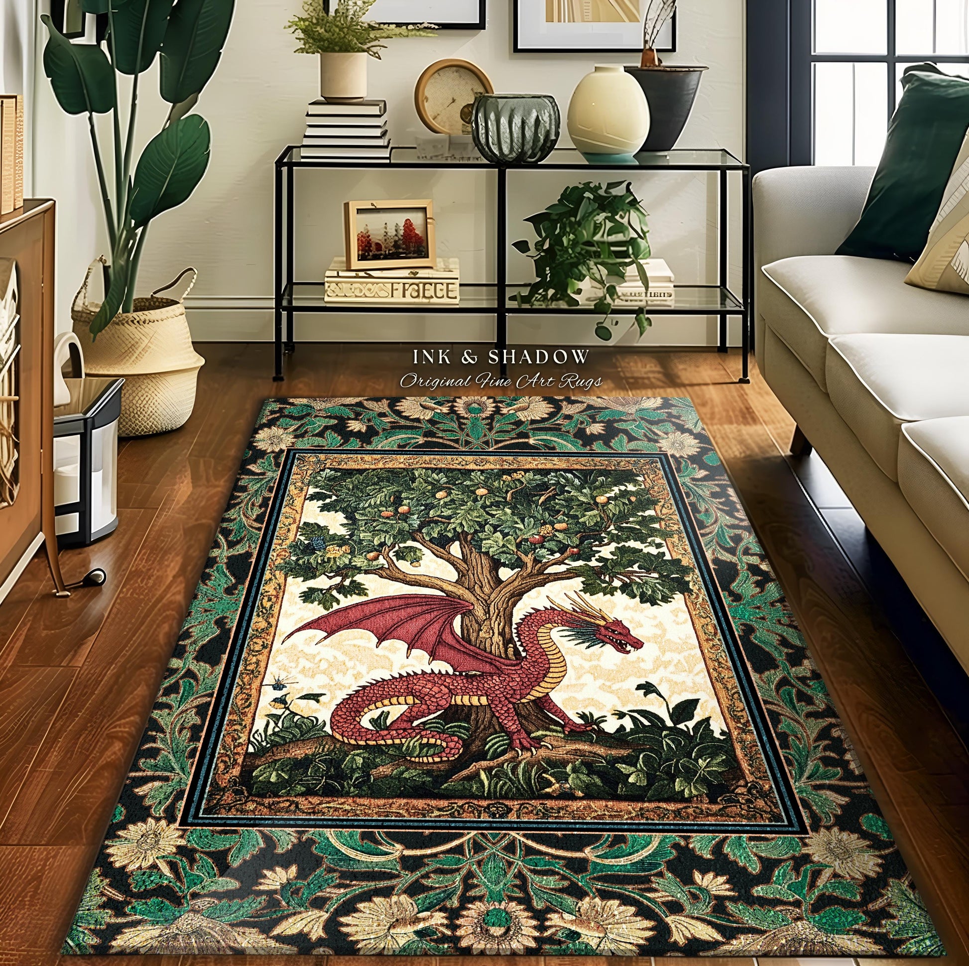 Reading Room Medieval Dragon Rug | Storybook Woodland Folklore Aesthetic Whimsical Princesscore Fairytale Accent Rug Tree of Life Victorian