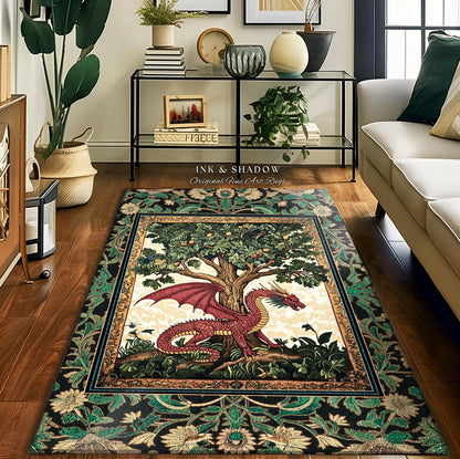 Reading Room Medieval Dragon Rug | Storybook Woodland Folklore Aesthetic Whimsical Princesscore Fairytale Accent Rug Tree of Life Victorian