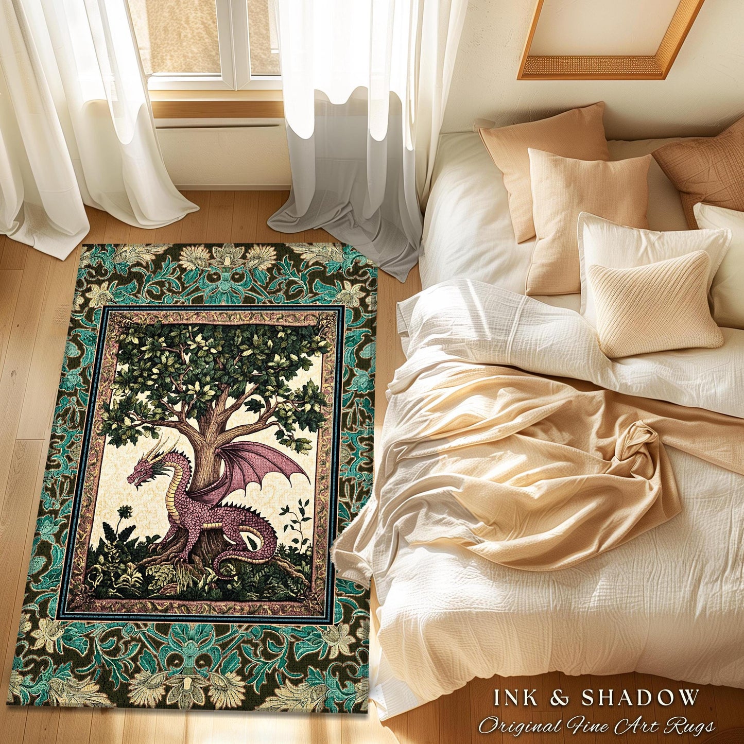 Rustic Bohemian Medieval Theme Rug | Tree of Life Bedroom Floor Accent Whimsical Medieval Dragon Rug Storybook Folklore Aesthetic Victorian