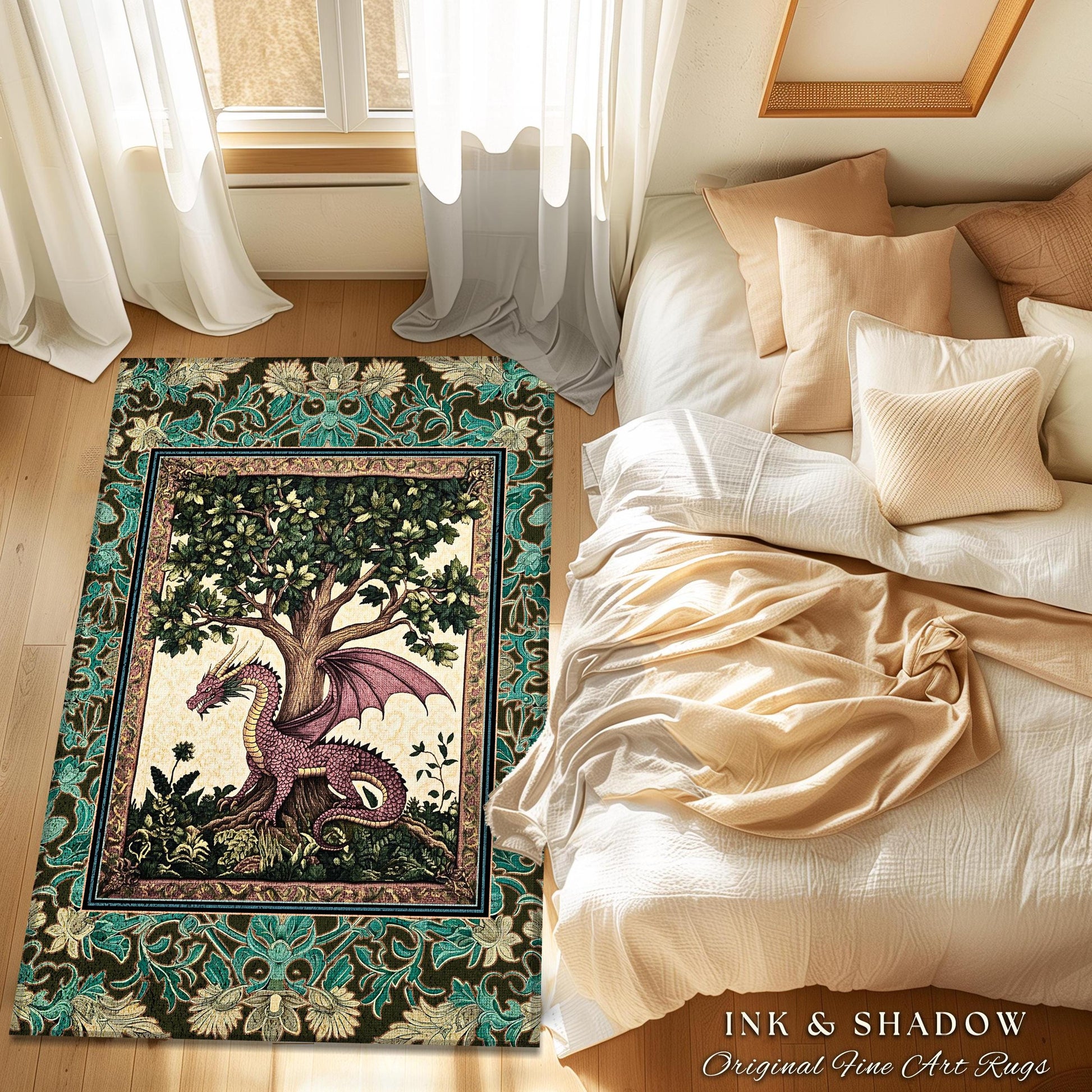 Rustic Bohemian Medieval Theme Rug | Tree of Life Bedroom Floor Accent Whimsical Medieval Dragon Rug Storybook Folklore Aesthetic Victorian