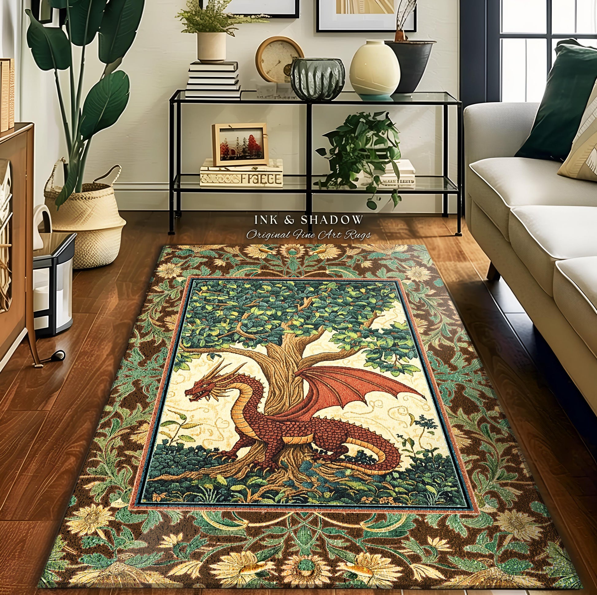 Dark Botanical Dragon Accent Rug | Ethereal Aesthetic Whimsigothic Dark Academia Decor Crowcore Fairytale Witchy Bedroom Victorian Gothic