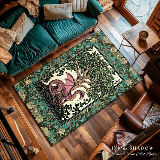 Mystic Academia Dark Medieval Dragon Area Rug | Enchanted Gloomy Ethereal Botanical Bedroom Goblincore Style Fairytale Storybook Cottagecore