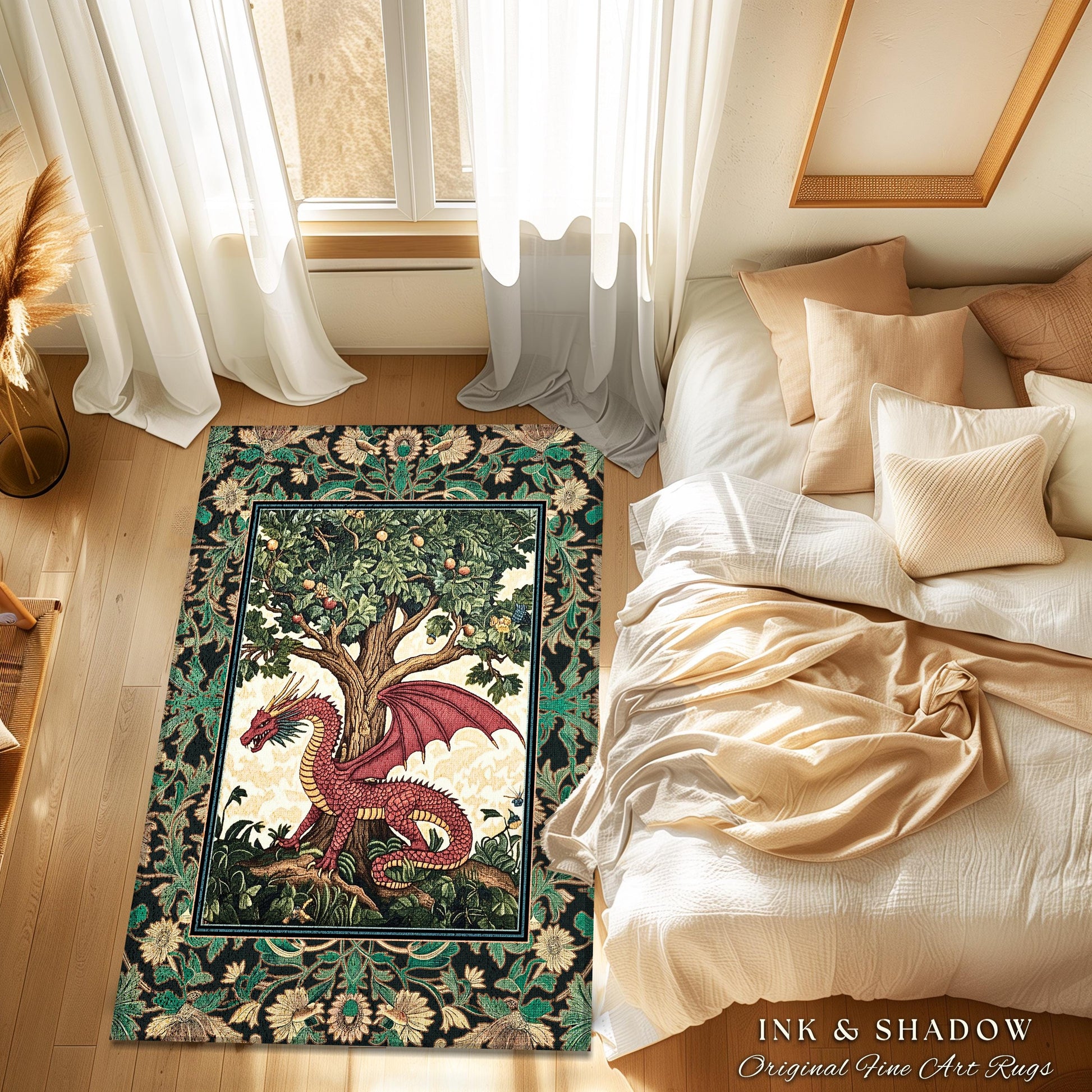 Magical Fantasy Inspired Dragon Rug | Ethereal Medieval Nordic Tree of Life Fairytale Bedroom Whimsigothic Dark Academia Rustic Decor Mystic