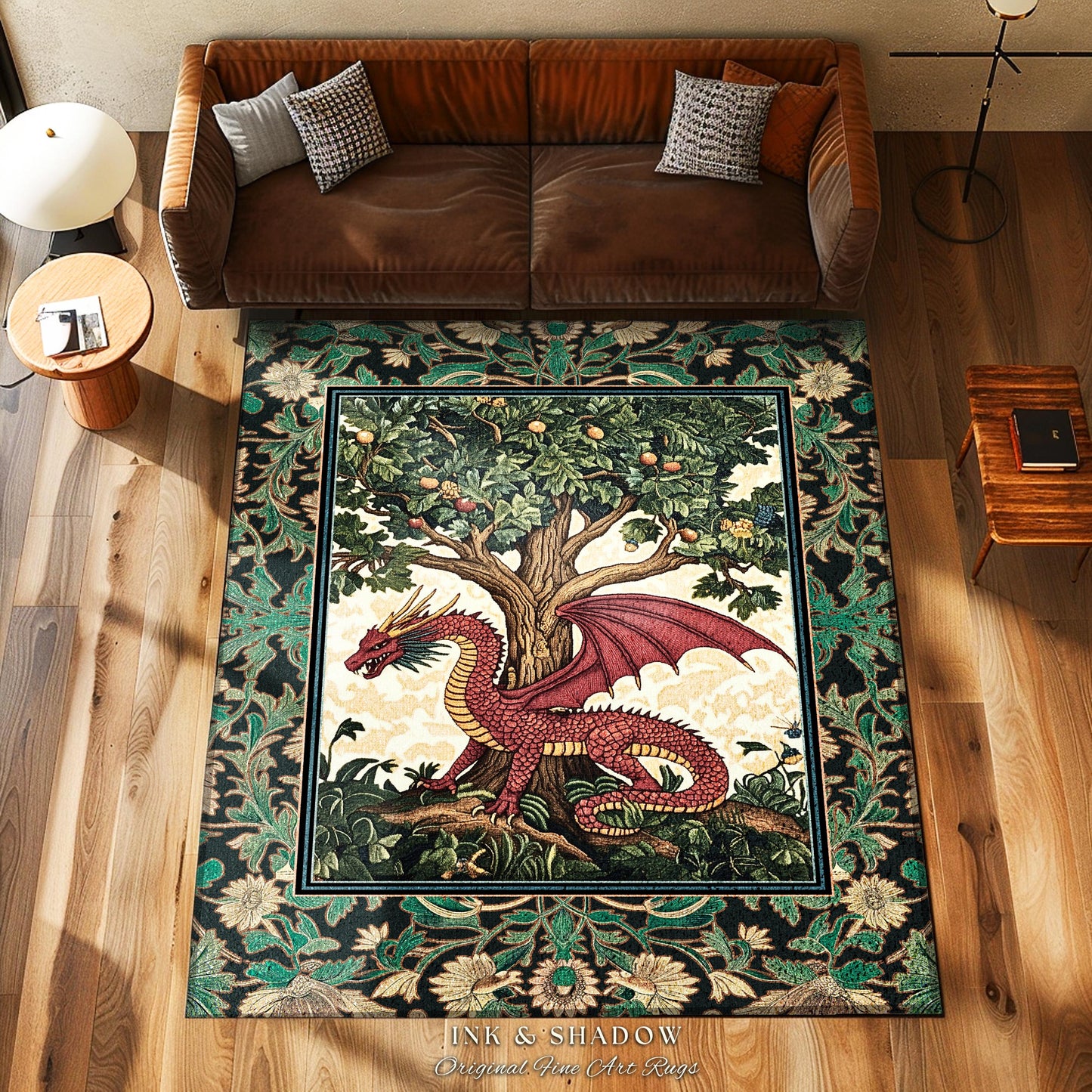 Magical Fantasy Inspired Dragon Rug | Ethereal Medieval Nordic Tree of Life Fairytale Bedroom Whimsigothic Dark Academia Rustic Decor Mystic