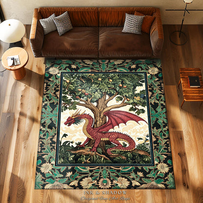 Magical Fantasy Inspired Dragon Rug | Ethereal Medieval Nordic Tree of Life Fairytale Bedroom Whimsigothic Dark Academia Rustic Decor Mystic