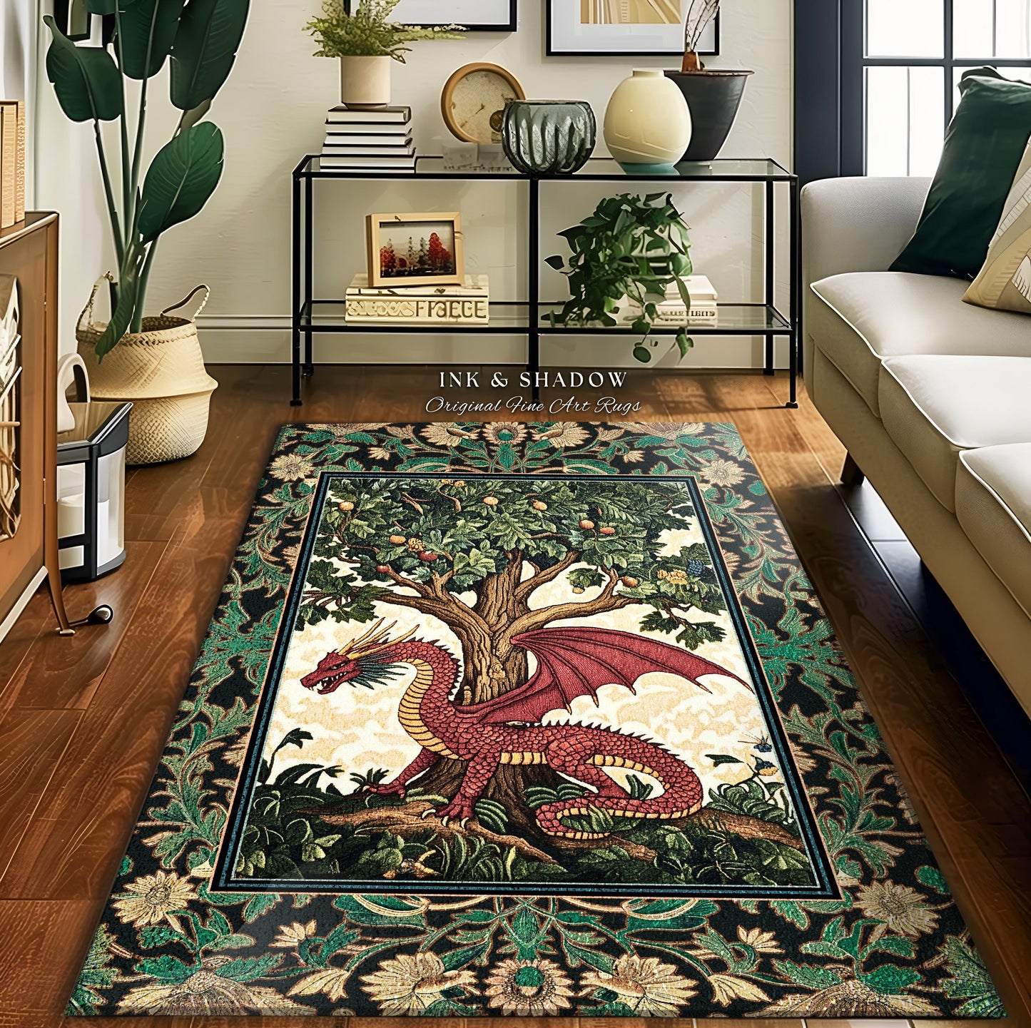 Magical Fantasy Inspired Dragon Rug | Ethereal Medieval Nordic Tree of Life Fairytale Bedroom Whimsigothic Dark Academia Rustic Decor Mystic