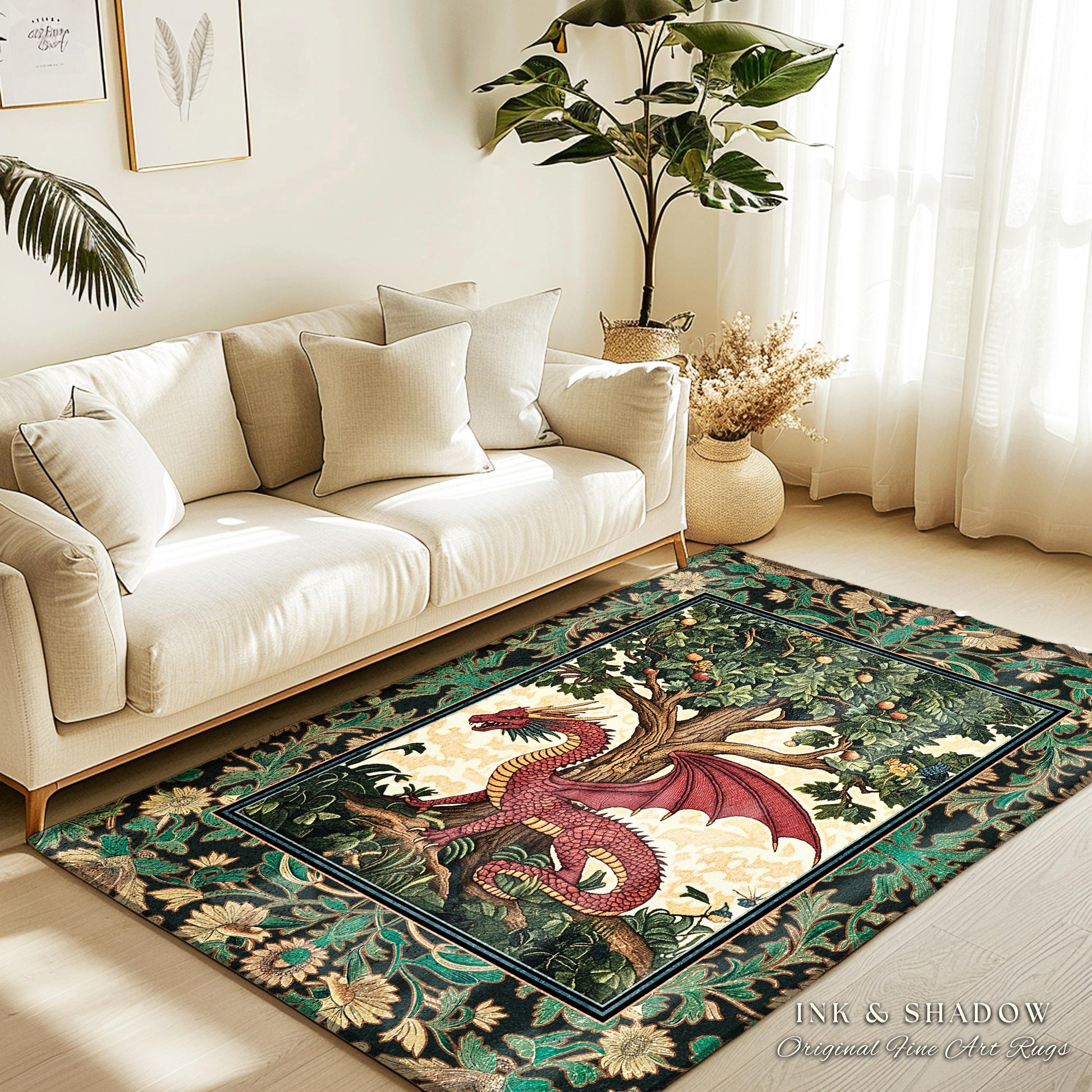 Magical Fantasy Inspired Dragon Rug | Ethereal Medieval Nordic Tree of Life Fairytale Bedroom Whimsigothic Dark Academia Rustic Decor Mystic
