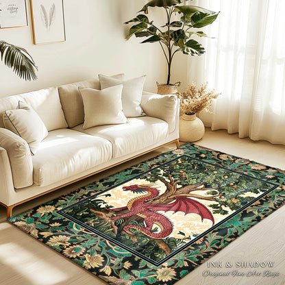 Magical Fantasy Inspired Dragon Rug | Ethereal Medieval Nordic Tree of Life Fairytale Bedroom Whimsigothic Dark Academia Rustic Decor Mystic