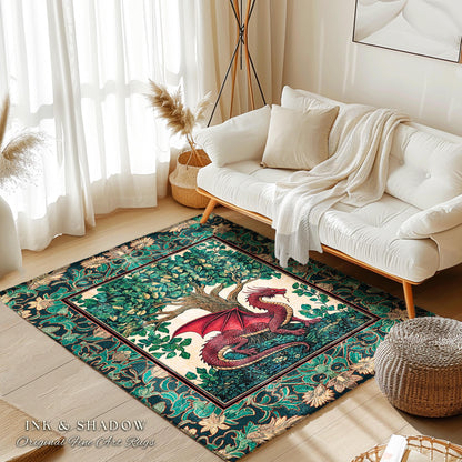 Medieval Woodland Dragon Accent Rug | Botanical Goblincore Bedroom Whimsigothic Style Fairycore Cottagecore Aesthetic Moody Dark Academia |