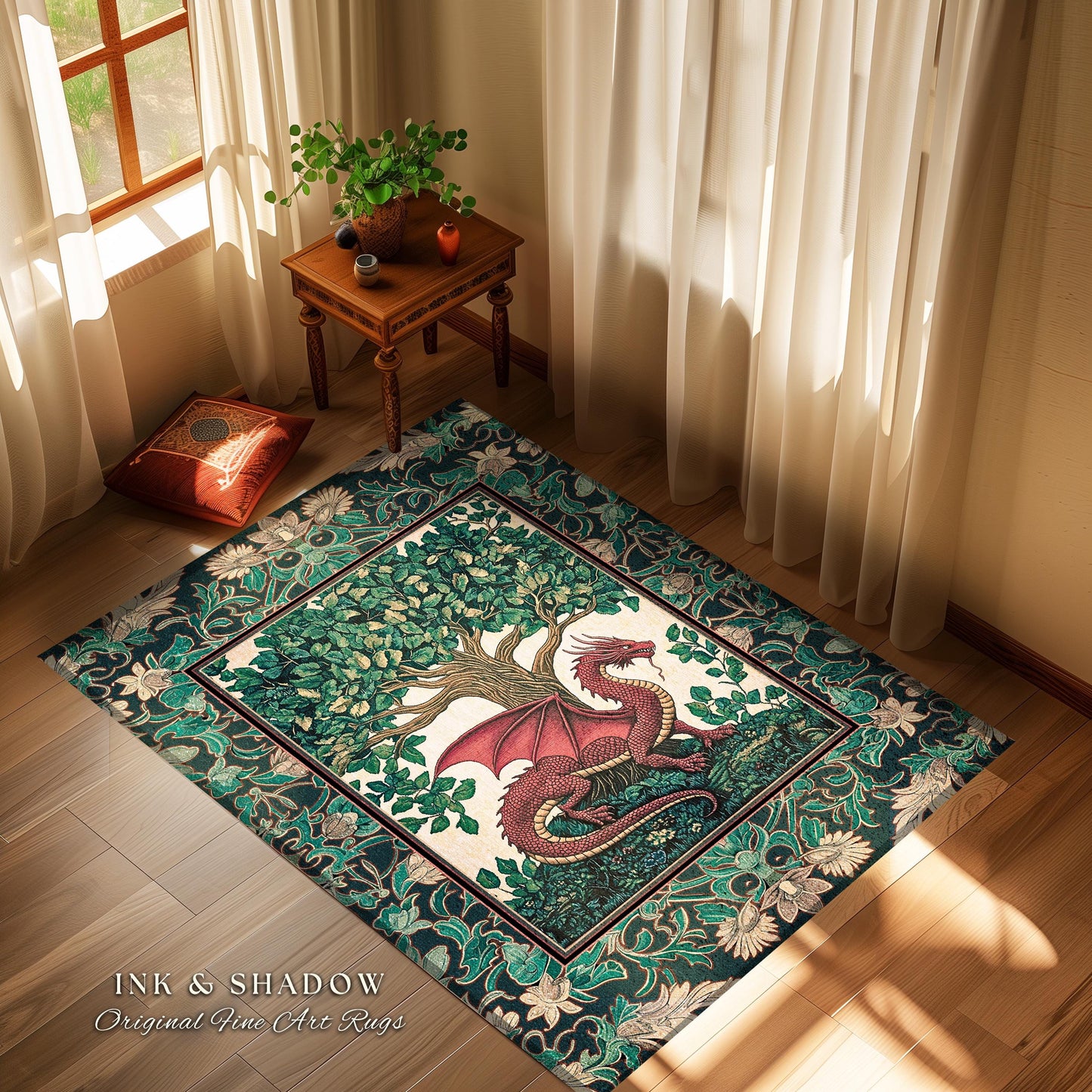 Medieval Woodland Dragon Accent Rug | Botanical Goblincore Bedroom Whimsigothic Style Fairycore Cottagecore Aesthetic Moody Dark Academia |