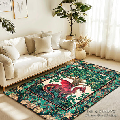 Medieval Woodland Dragon Accent Rug | Botanical Goblincore Bedroom Whimsigothic Style Fairycore Cottagecore Aesthetic Moody Dark Academia |